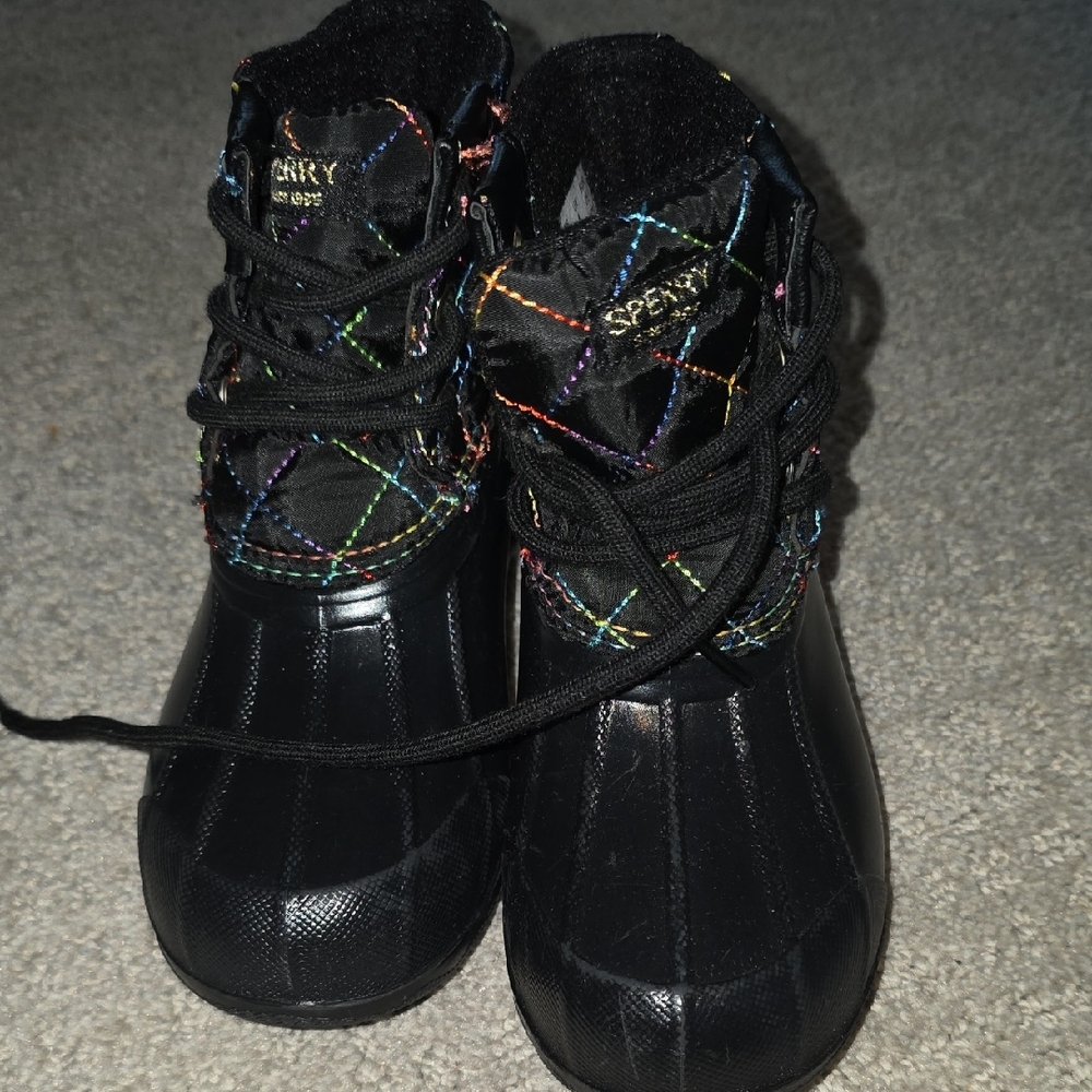 Sperry Kids Black Boots with Rainbow Accents